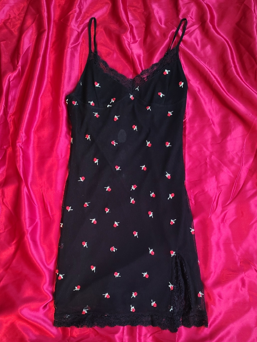 Motel Rocks Black Mesh Slip Dress with Red Rose Print